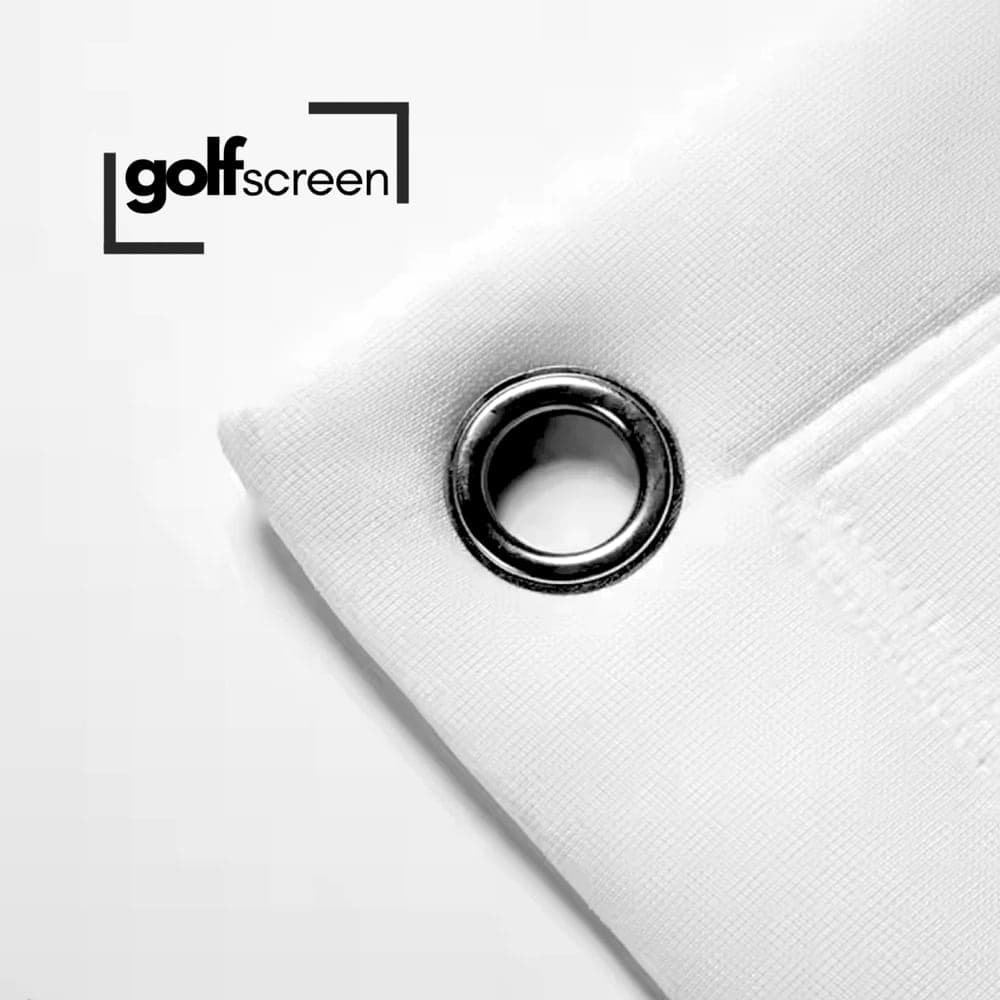 Close view of a finished impact screen edge: a metal eyelet set through the folded and twin-stitched hem, with the woven cloth visible around it